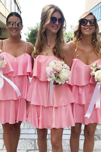 A-Line Spaghetti Straps Short Pink Tiered Bridesmaid Dress OHS056 | Cathyprom