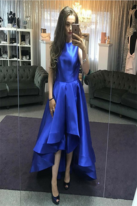 A-Line Round Neck High Neck High Low Royal Blue Satin Prom Dress PD18