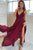 A-line Deep V-neck Burgundy Chiffon Sweep Train Split-side Prom Dress P48