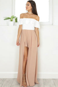 A-Line Off-the-Shoulder Floor-Length Split-Side Champagne Chiffon Prom Dress Q89