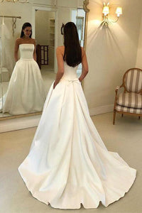 Elegant A Line Strapless Sleeveless White Wedding Dresses with Pockets Bowknot OHD105 | Cathyprom