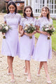 A-Line High Neck Knee-Length Chiffon Bridesmaid Dress with Lace OHS053 | Cathyprom