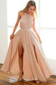 A-Line Halter Backless Floor-Length Blush Prom Dress with Pleats OHC065 | Cathyprom