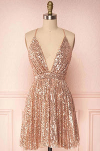 Sparkle Deep V-Neck Criss-Cross Sequined Homecoming Dress OHM046 | Cathyprom