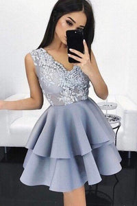 V-neck Lace Applique Satin Sleeveless Layer Homecoming Dress OHM037 | Cathyprom