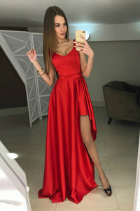 A-Line Scoop Sweep Train Red Satin Prom Dress with Ruffles OHC061 | Cathyprom