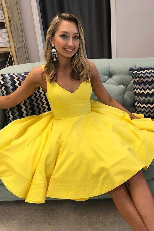 Simple V Neck Yellow Short Homecoming Dresses with Ruched OHM021 cathyprom Simple V Neck Yellow Short Homecoming Dresses with Ruched OHM021 cathyprom