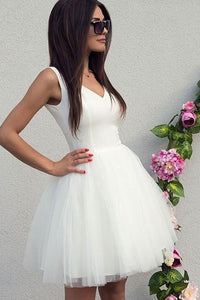 Simple A Line V Neck White Sleeveless Short Tulle Homecoming Dresses with Ruffles OHM092 | Cathyprom