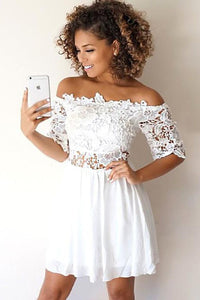 A-Line Off-the-Shoulder Half Sleeves White Homecoming Dress with Lace OHM074 | Cathyprom