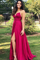 A-Line Spaghetti Straps Sweep Train Fuchsia Chiffon Prom Dress with Split L48 | Cathyprom