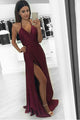 A-Line Halter Backless Burgundy Satin Prom Dress with Split L55 | Cathyprom
