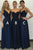 A-Line V-Neck Floor-Length Dark Blue Chiffon Bridesmaid Dress with Lace OHS002 | Cathyprom