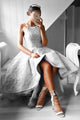 A-Line Halter Hi-Lo Floor-Length Sleeveless Grey Satin Prom Dress with Lace P37