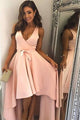 A-Line Deep V-Neck High Low Pearl Pink Wrap Sleeveless Prom Dress Q69
