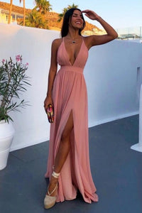 A-Line Deep V-Neck Backless Floor-Length Pink Chiffon Prom Dress with Split CAD60 | Cathyprom