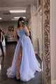 Blue tulle beads long A line prom dress evening dress SNH009