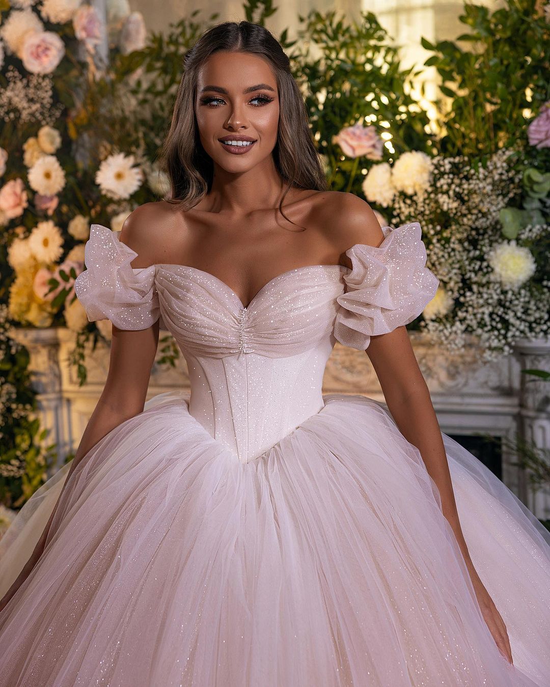 Pink Off The Shoulder Ball Gown Monarch Train Wedding Dress LY5582 cathyprom Pink Off The Shoulder Ball Gown Monarch Train Wedding Dress LY5582 cathyprom