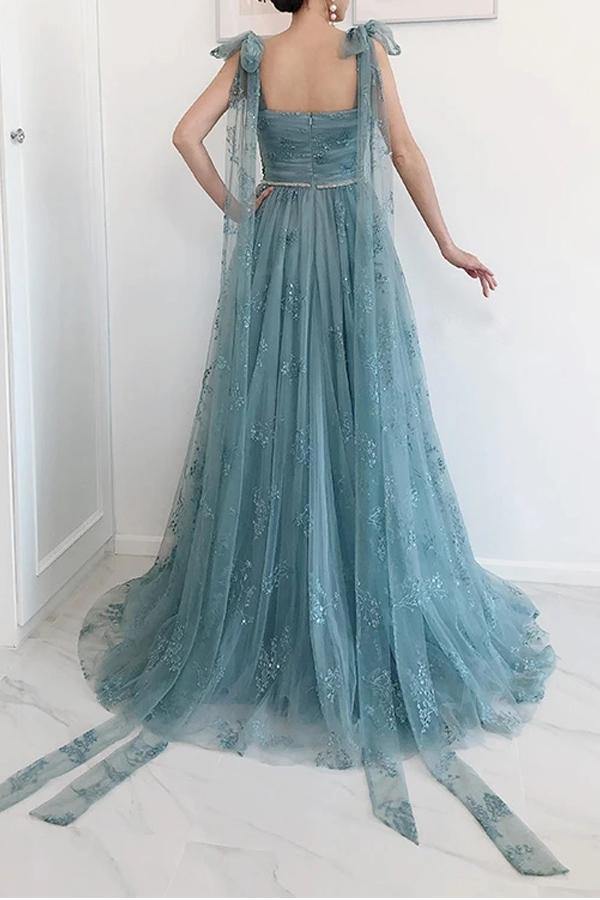 A Line Bow Tie Straps Lace High Split Tulle Prom Dress Evening Dress cathyprom