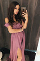A-Line Cold Shoulder Purple Satin Prom Dress With Split, Evening Dress CMS211115