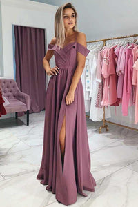 A-Line Cold Shoulder Purple Satin Prom Dress With Split, Evening Dress CMS211115