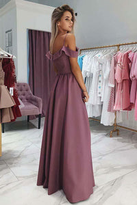 A-Line Cold Shoulder Purple Satin Prom Dress With Split, Evening Dress CMS211115