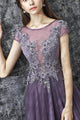 A Line Grey Purple Tulle See Through Long Spring Senior Prom Dress With Sleeves OHC482 | Cathyprom