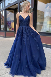 A-Line Navy Blue Tulle Long Prom Dress With Lace, Evening Dress YZ211032