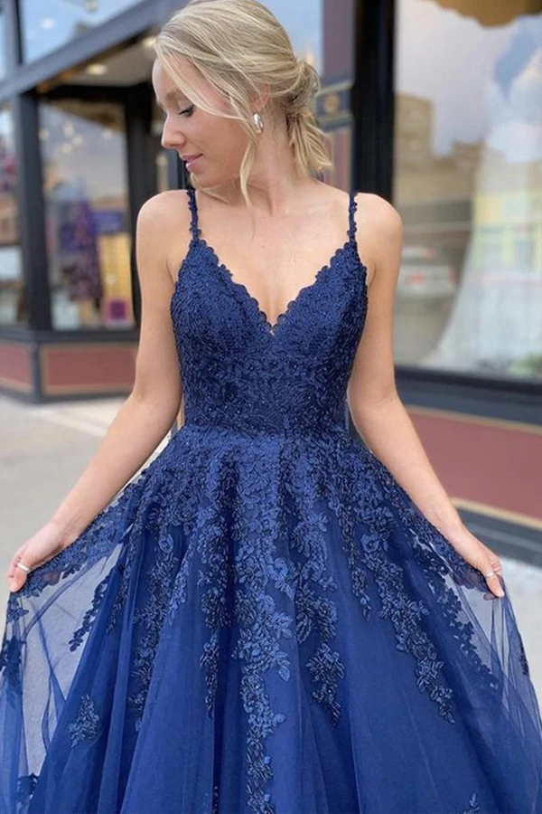 A-Line Tulle Gold/Blue Long Prom Dress, Blue Formal Evening Dress