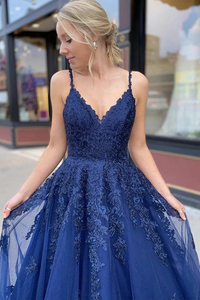 A-Line Navy Blue Tulle Long Prom Dress With Lace, Evening Dress YZ211032
