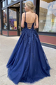 A-Line Navy Blue Tulle Long Prom Dress With Lace, Evening Dress YZ211032