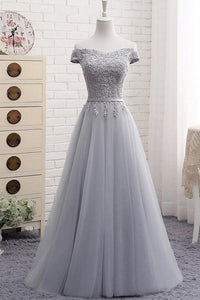 A-Line Sweetheart Gray Off The Shoulder Tulle Lace-Up Prom Dress, Evening Dress YZ211037