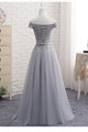 A-Line Sweetheart Gray Off The Shoulder Tulle Lace-Up Prom Dress, Evening Dress YZ211037