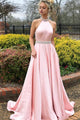 Sexy A-Line Pink Satin Backless Sleeveless Prom Dress With Beading YZ211066