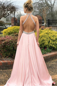 Sexy A-Line Pink Satin Backless Sleeveless Prom Dress With Beading YZ211066
