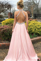 Sexy A-Line Pink Satin Backless Sleeveless Prom Dress With Beading YZ211066