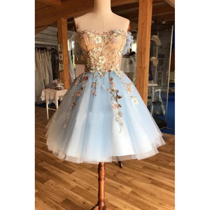 A Line Light Blue Short Prom Dress with Appliques, Homecoming Dress YZ211006