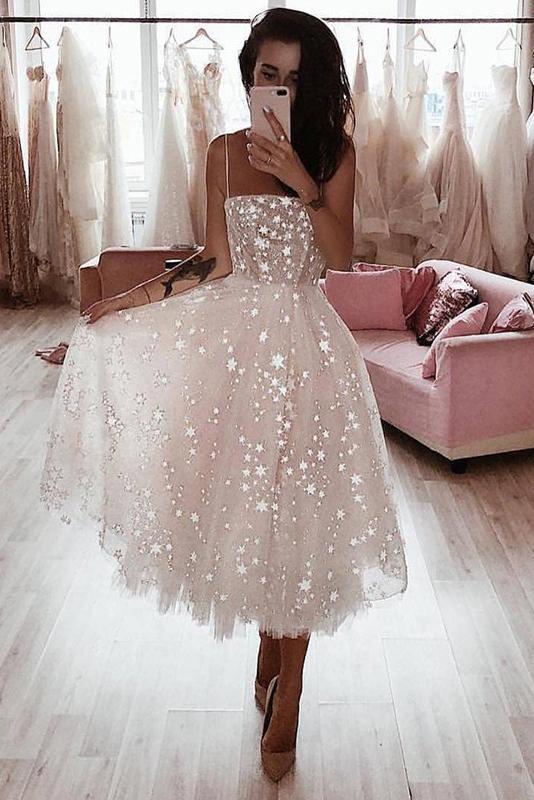 A Line Spaghetti Strap Tea Length Tulle Prom Dress, Homecoming Dress Y cathyprom A Line Spaghetti Strap Tea Length Tulle Prom Dress, Homecoming Dress Y cathyprom