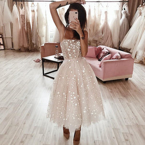 A Line Spaghetti Strap Tea Length Tulle Prom Dress, Homecoming Dress YZ211011