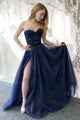 A Line Strapless Sweetheart Navy Blue Tulle Side Slit Long Evening Dress Prom Dress OHC434 | Cathyprom