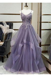 A-Line Tulle Lace Long Prom Dresses With Appliques and Ruffles, Evening Dress  CMS211141
