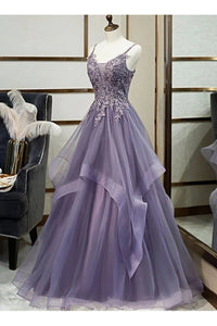 A-Line Tulle Lace Long Prom Dresses With Appliques and Ruffles, Evening Dress  CMS211141