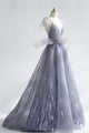 A-Line V-Neck Tulle Lace Backless Long Prom Dress With Appliques, Evening Dress YZ211018
