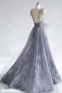 A-Line V-Neck Tulle Lace Backless Long Prom Dress With Appliques, Evening Dress YZ211018