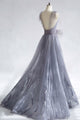 A-Line V-Neck Tulle Lace Backless Long Prom Dress With Appliques, Evening Dress YZ211018