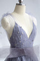 A-Line V-Neck Tulle Lace Backless Long Prom Dress With Appliques, Evening Dress YZ211018