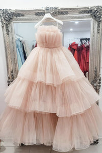 A-Line Pink Tulle Long Prom Dress With Ruffles, Evening Dress CMS211106