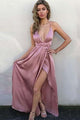 Sexy A-Line V-Neck Satin Prom Dress With Split, Evening Dress YZ211068