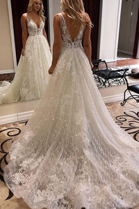 A Line V-Neck Lace Wedding Dresses Wedding Dress Custom Made Wedding Gown Bridal Gown OHD175 | Cathyprom