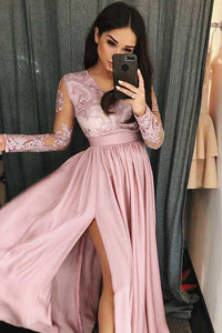 A-Line V-Neck Long Sleeves Satin Prom Dress With Appliques Split CMS211114