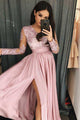 A-Line V-Neck Long Sleeves Satin Prom Dress With Appliques Split CMS211114